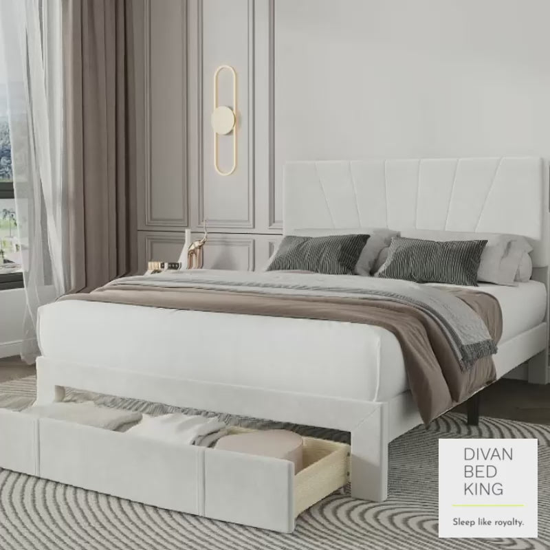 Palmiro White Beige Plush Velvet Storage Bed with Large Drawer and Adjustable Headboard