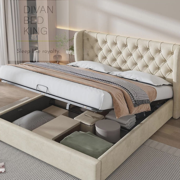 Serenity 4FT6 Double Cream Beige Plush Velvet Wingback Ottoman Storage Bed Frame