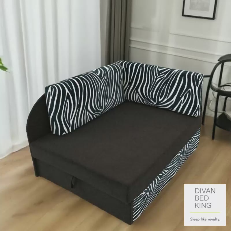 Cuboid Zebra Black Cotton Corner 2 Seater Sofa Bed with Storage