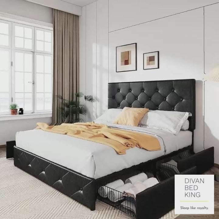 Emma Black Leather 4 Drawer Buttoned Bed Frame