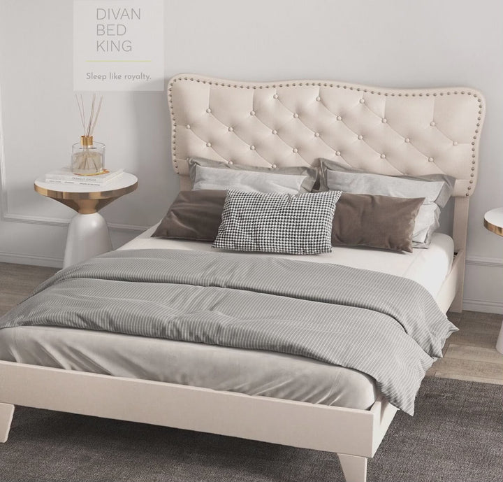 Gatsby Beige Cream Linen Bed with Buttoned Headboard