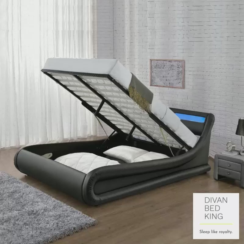 Volo LED Modern Black Leather Ottoman Storage Bed