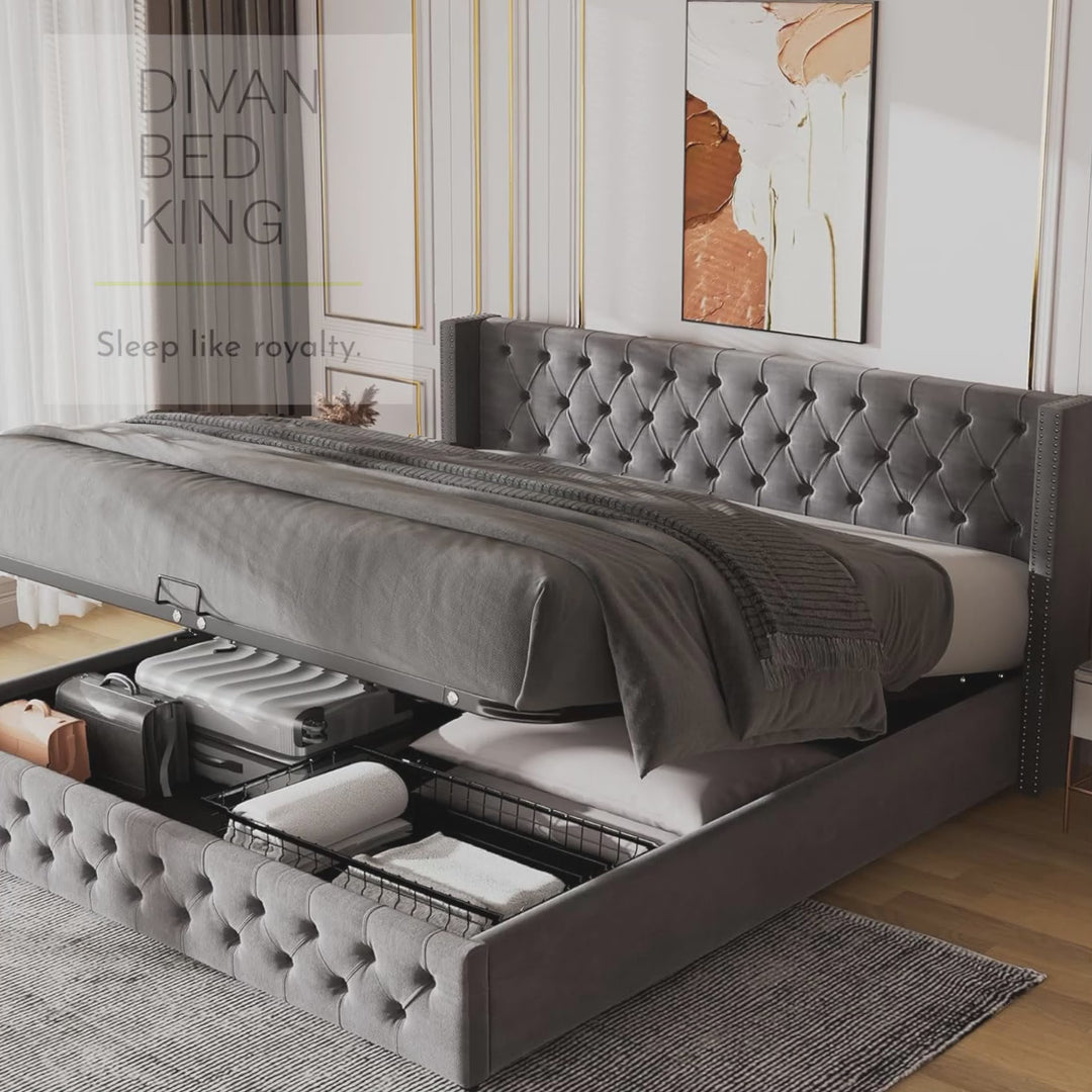 Harlow Grey Plush Velvet Wingback Ottoman Storage Bed Frame