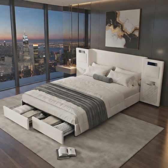 Avalos Oversized Headboard Beige Soft Cotton Flannel Storage Bed Frame with 2 Drawers