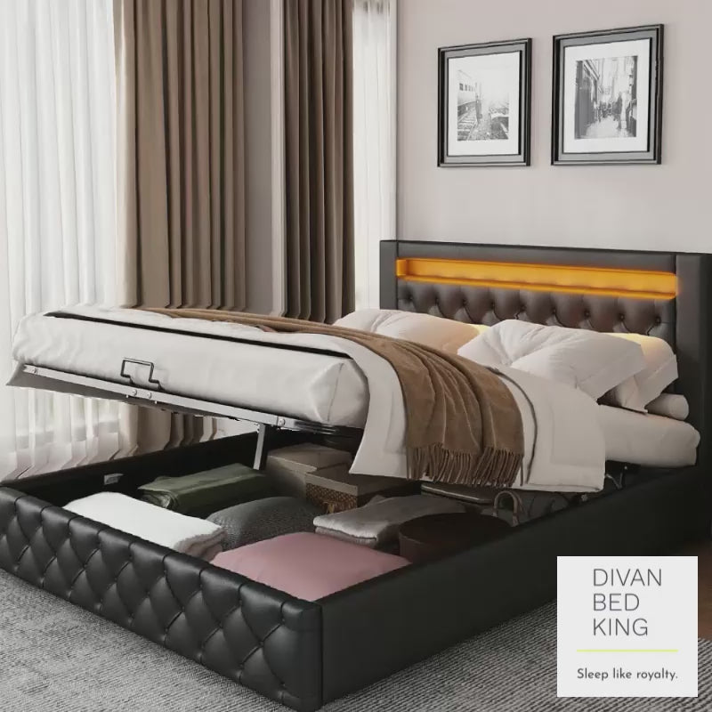 Santiago LED 4ft6 Double Black Leather Ottoman Storage Bed