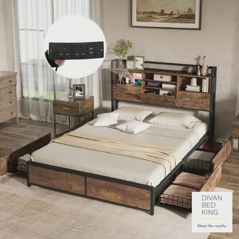 Henry Metal Divan Bed with 4 Drawers with Headboard, Shelves, Sockets and Charging Station