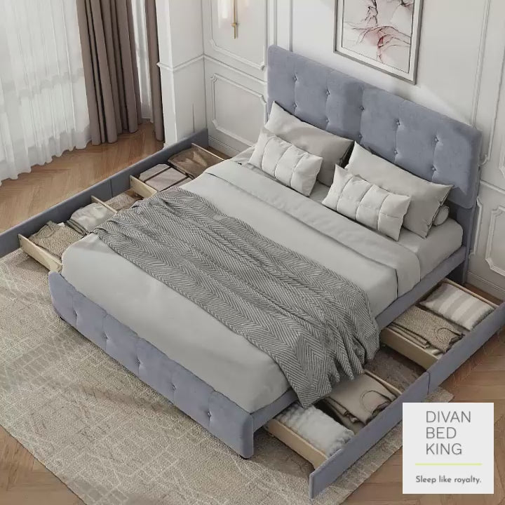 Serava Grey Plush Velvet 4 Drawer Bed with Adjustable Headboard