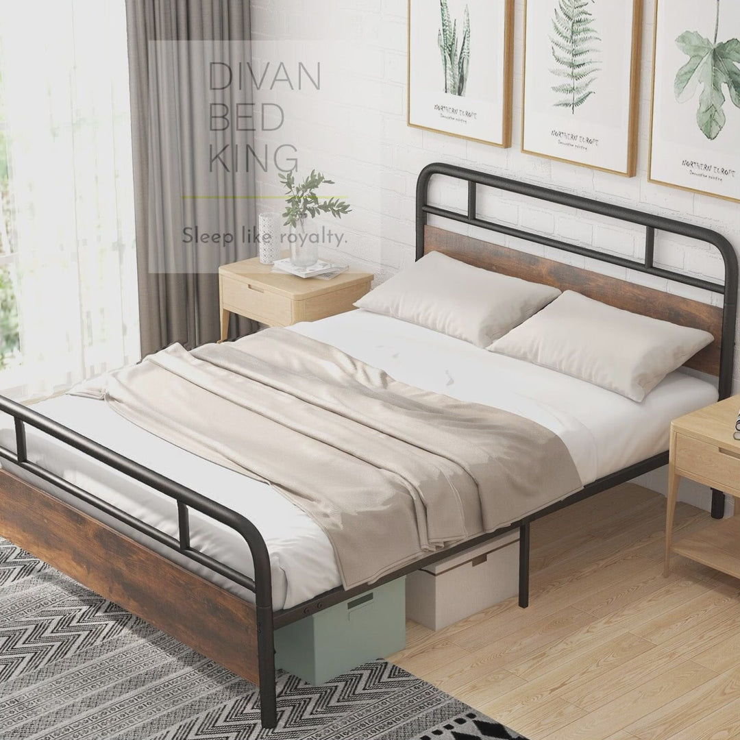 Ryker Black Metal Bed Frame with Wooden Headboard & Footboard