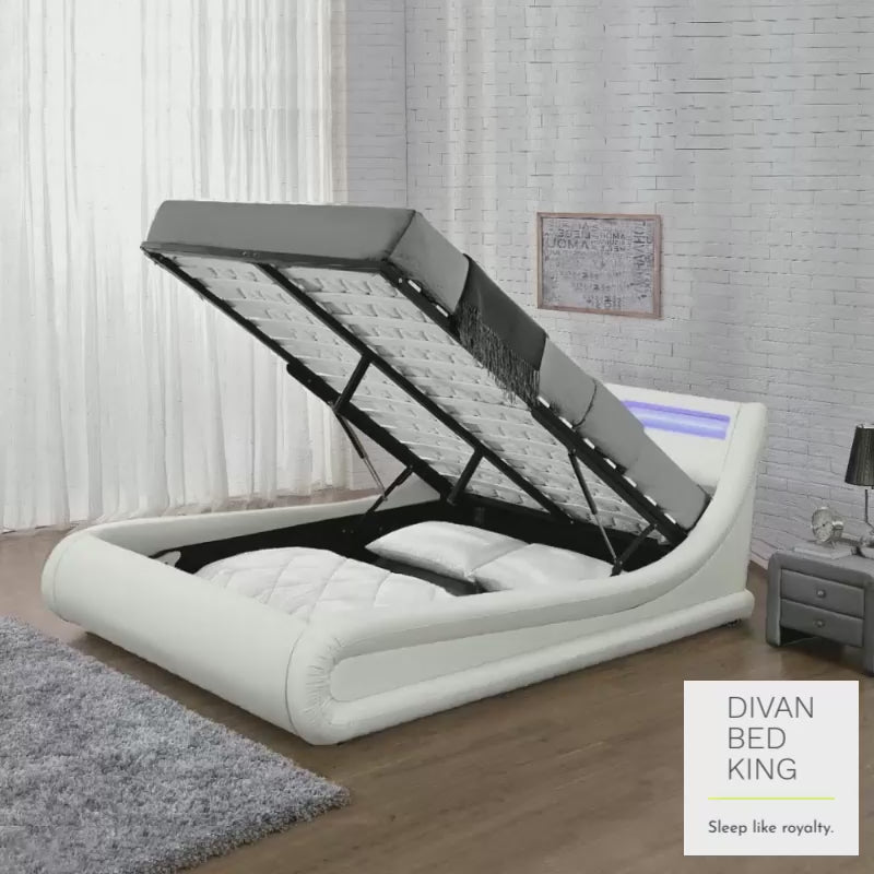 Volo LED Modern White Leather Ottoman Storage Bed