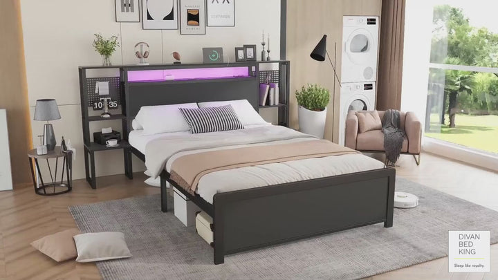 Zentiva LED Black Smart Bed with Integrated Bedside Tables, Charging Station with USB and Type C