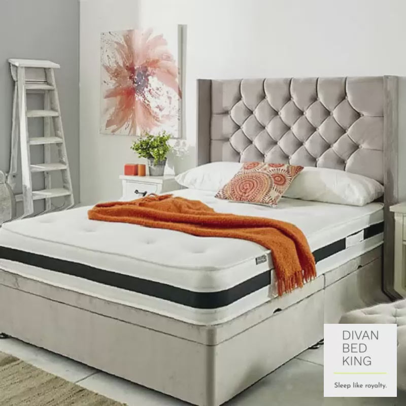 Everly Luxury Ottoman Storage Divan Bed with Winged Floor Standing Headboard Option