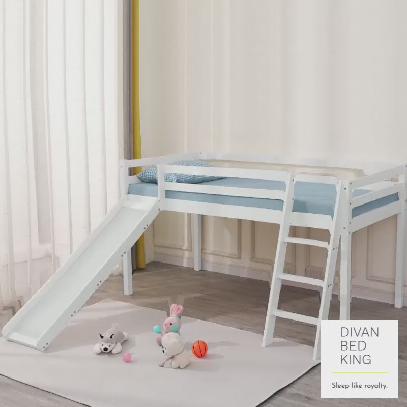 Timothy Slide Kids White Wooden Mid Sleeper Cabin Bunk Bed with Ladder