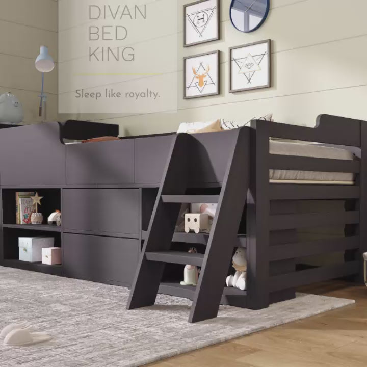 Zenda Kids Black Wooden Cabin Mid Sleeper Bed Storage with Drawers and Shelves