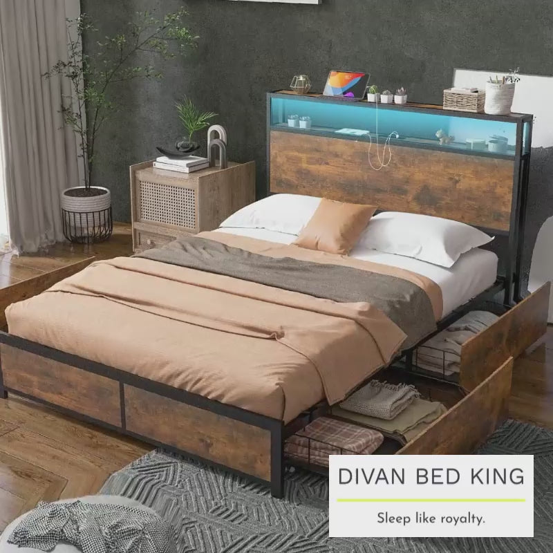 Henry Metal Divan Bed with 4 Drawers with Headboard, Reading Lights & USB Charging