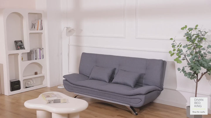 Bryson Grey Linen 3 Seater Sofa Bed with Chrome Legs & Matching Pillows