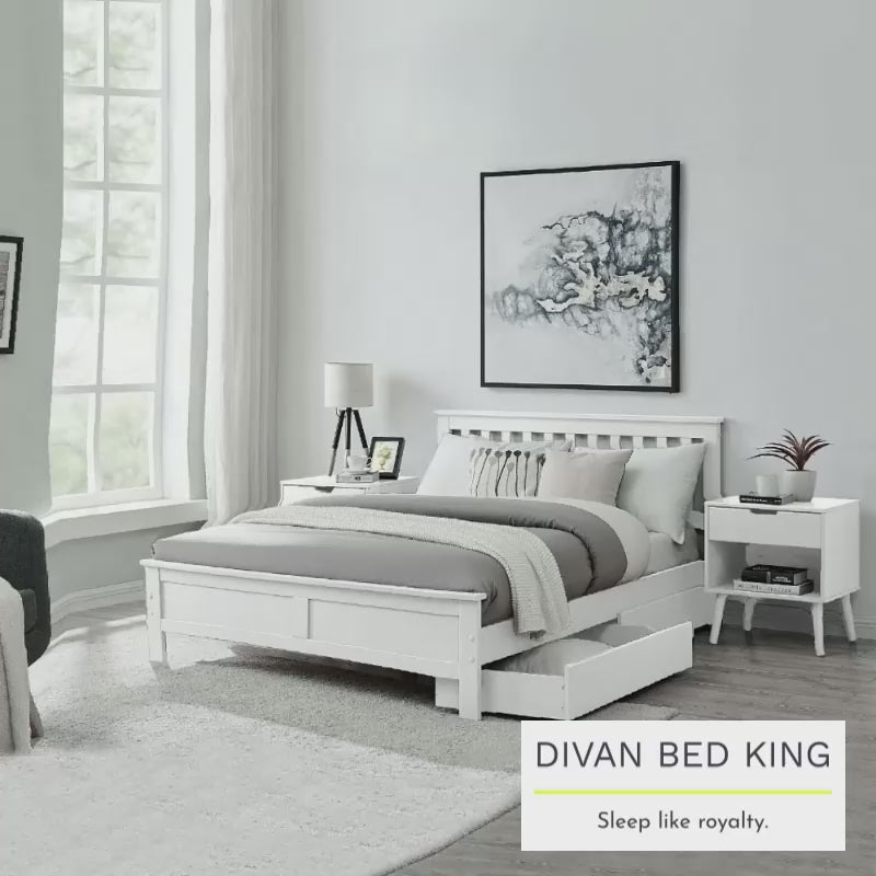 Halvard White Wooden Bed with Drawers