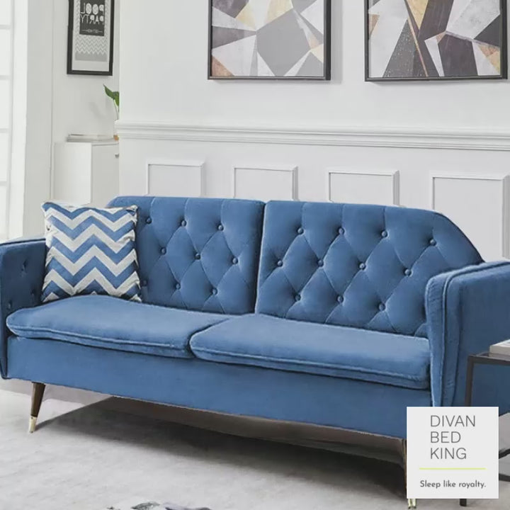 Regine Blue Plush Velvet 3 Seater Sofa Bed