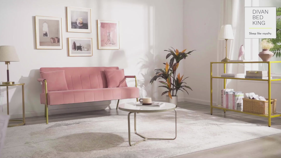 Parisa Pink Velvet Velour Sofa Love Seat with Gold Metal Legs