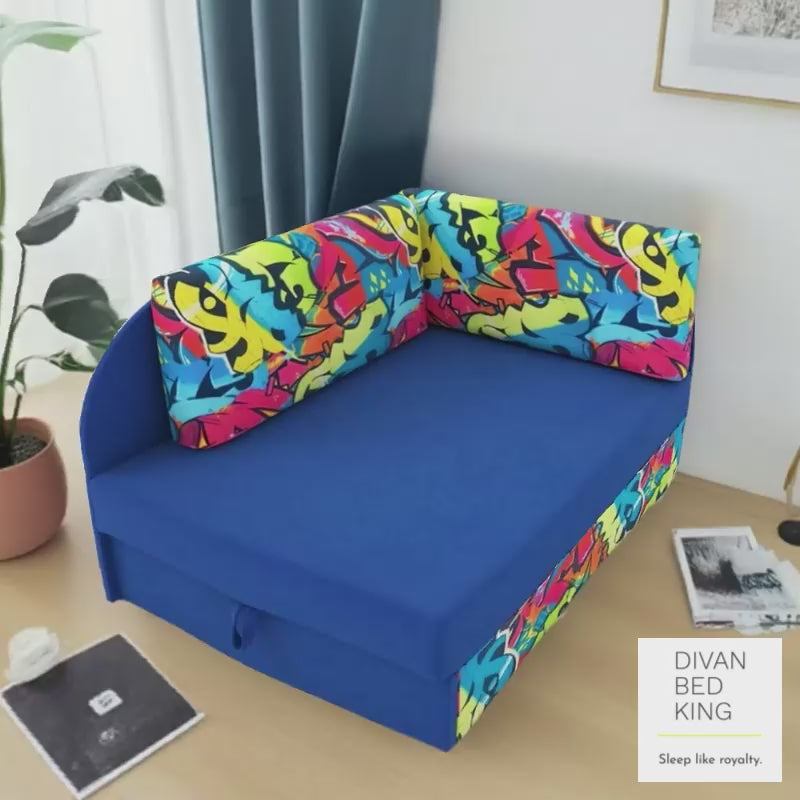 Cuboid Graffiti Blue Cotton Corner 2 Seater Sofa Bed with Storage