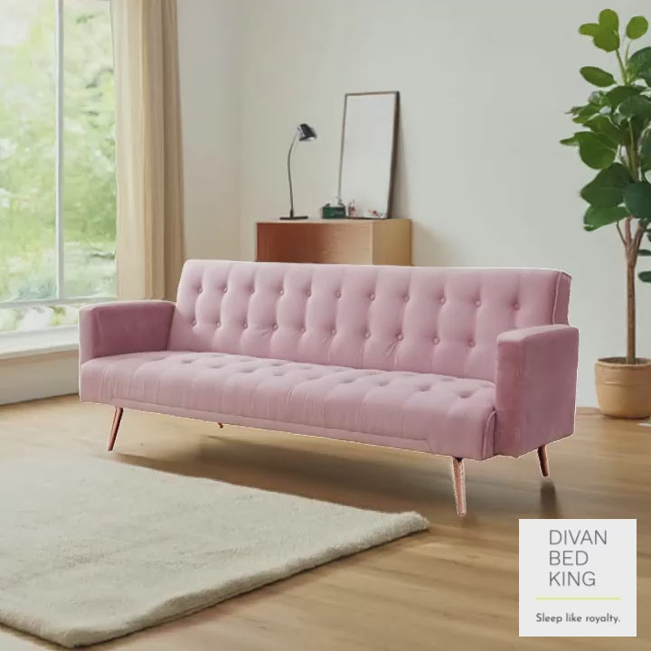 Solera Pink Plush Velvet Sofa Bed with Rose Gold Legs