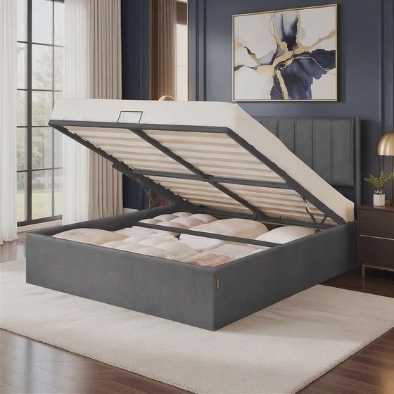 Schwartz Heavy Duty Grey Cotton Ottoman Storage Bed with Headboard and Removable Covers