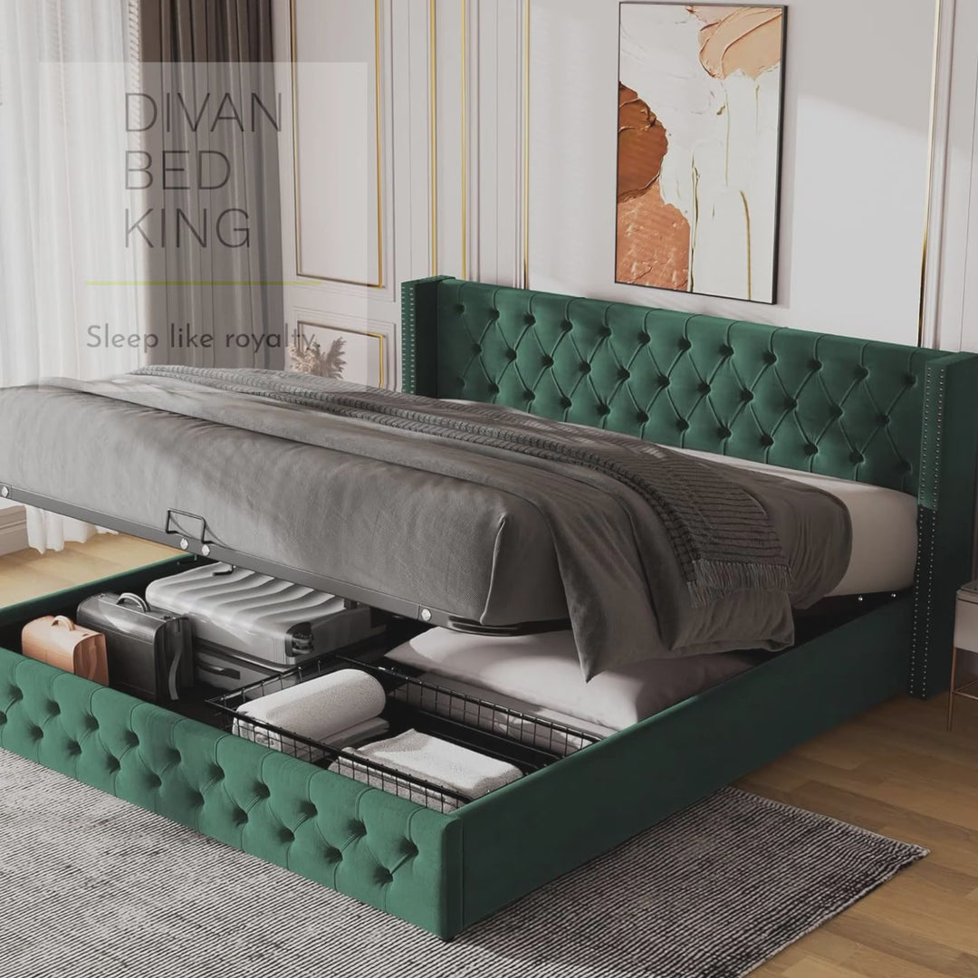 Harlow Green Plush Velvet Wingback Ottoman Storage Bed Frame