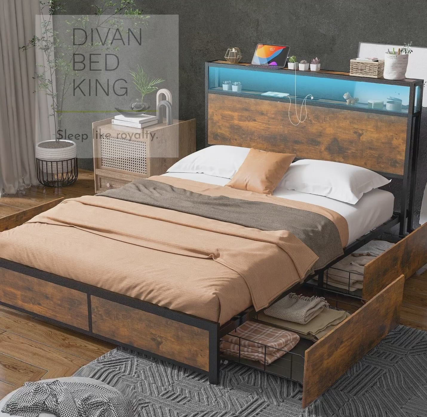 King size headboard with store lights and storage